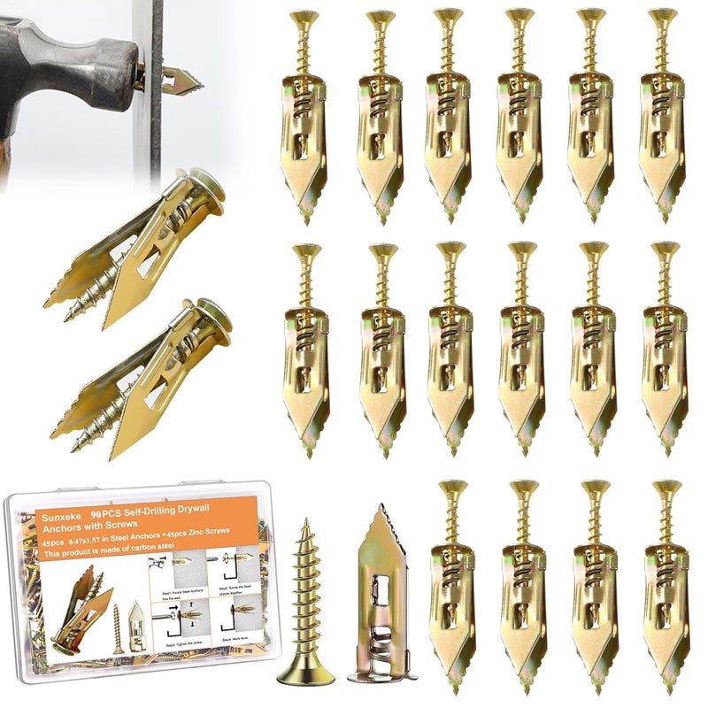 Sunxeke 90 Pcs Self Drilling Drywall Anchors with Screws,45 Sheetrock Anchors (0.47x1.57 inch) & 45 Zinc Expansion Screws,2025 Upgraded Zinc Plated Steel,No Drill Needed,Perfect for Wall Hanging - Image 1